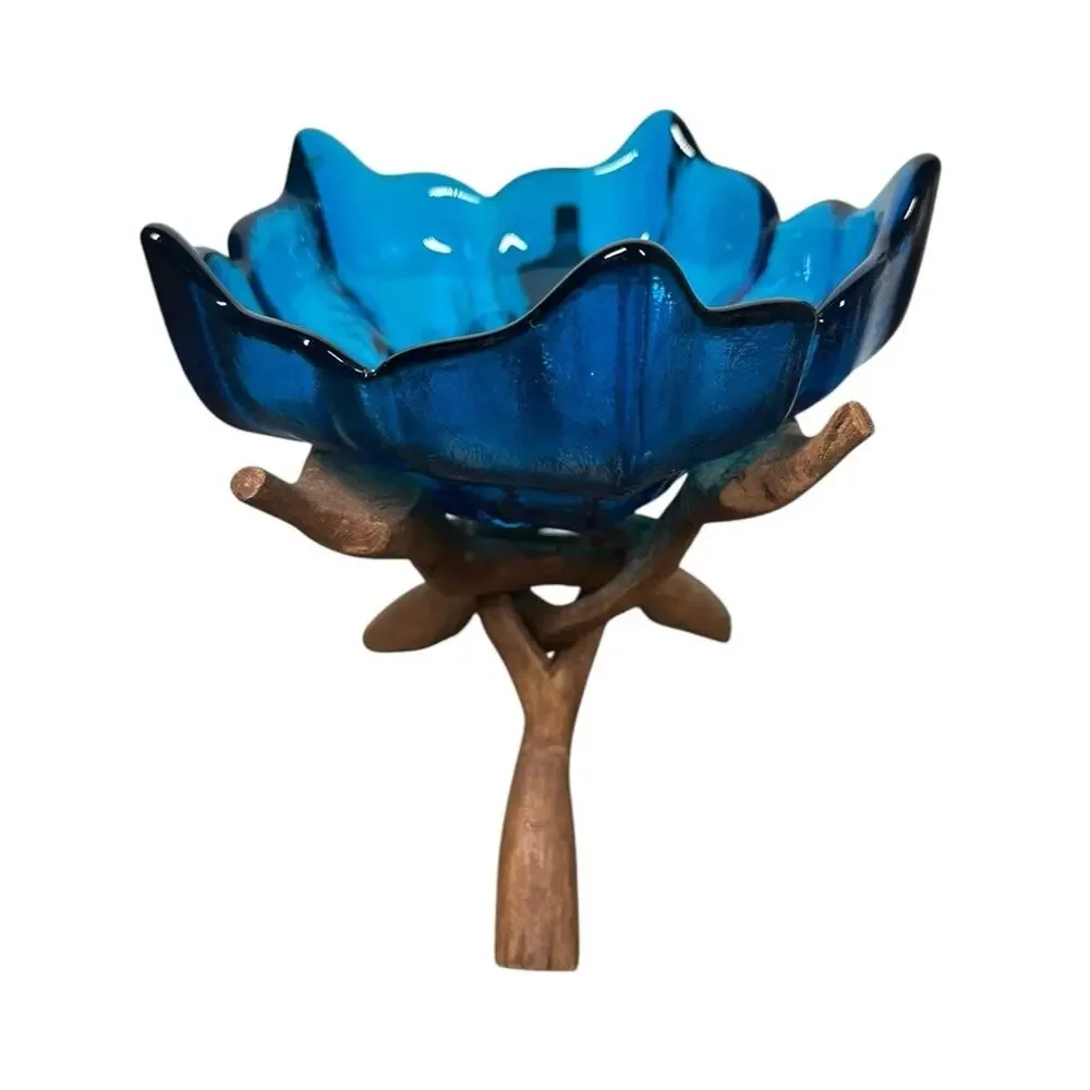 Vintage Blue Glass Lotus Bowl with Carved Wooden Intertwined Tripod Stand India - Picture 6 of 11